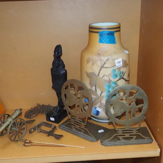 hand painted glass vase - cracks, bookends, miniature brass cannon etc Vase H330