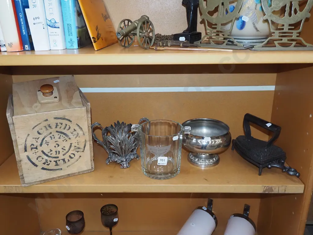 shelf; sad iron on stand, plated bowls, glass champagne bucket etc Image 1++
