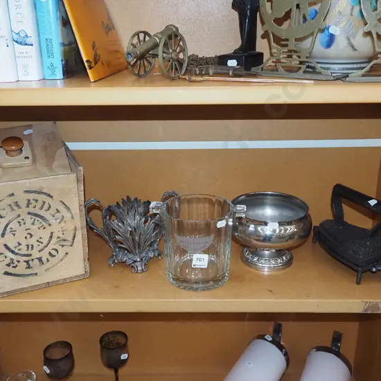 shelf; sad iron on stand, plated bowls, glass champagne bucket etc