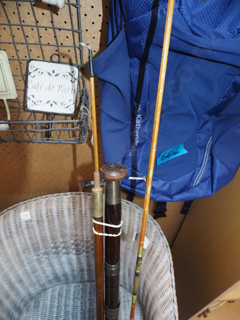 1x split cane fishing rod, 1x other vintage mismatched fishing rod Image 1++