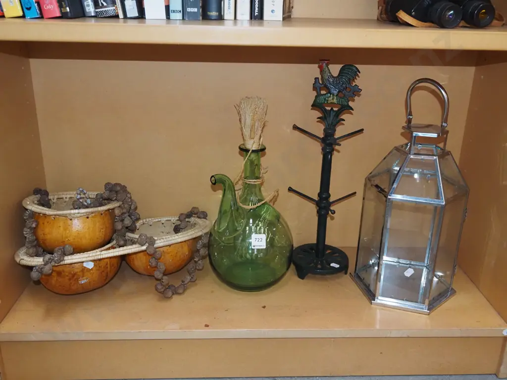 shelf; retro green glass bottle, candle lantern etc Image 1++