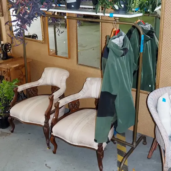 Edwardian shop display clothes rack with pierced display shelf on top - top shelf not original H1505 W1570