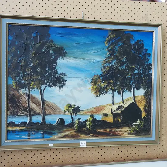 oil on board - lake and mountain scene