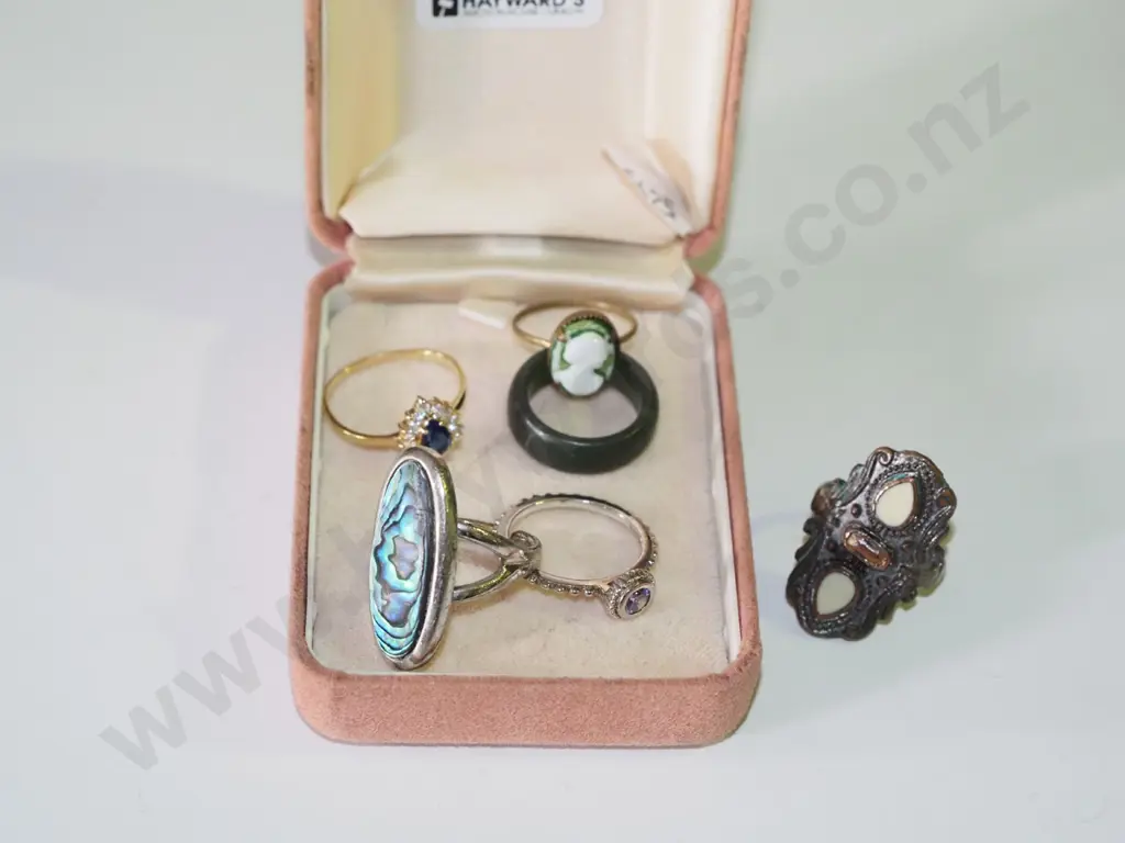 6x rings; 2x sterling silver, copper, pounamu, paua, faux cameo Image 1++