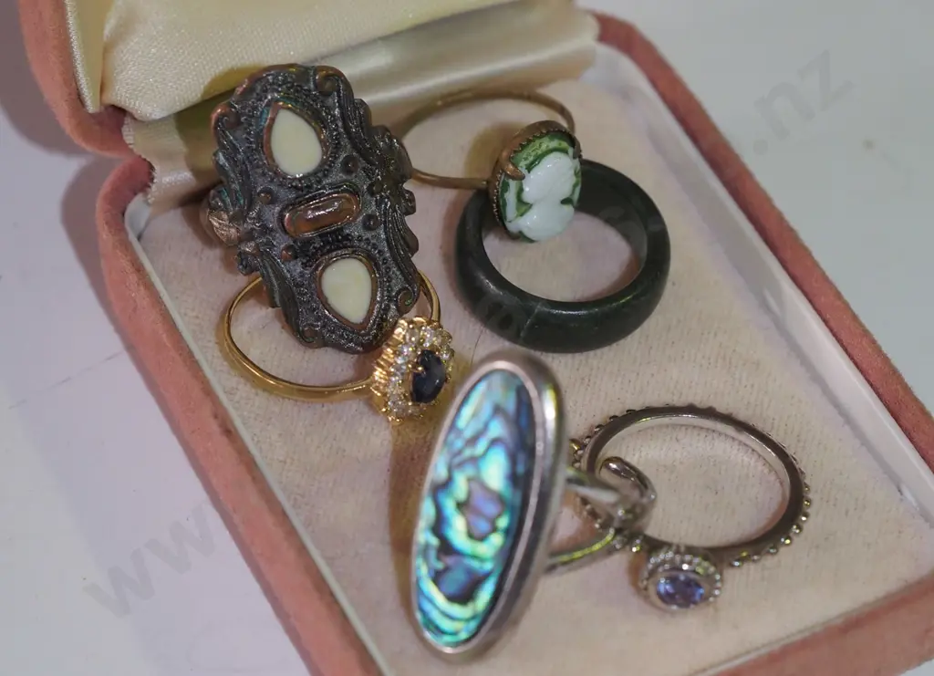 6x rings; 2x sterling silver, copper, pounamu, paua, faux cameo Image 1++