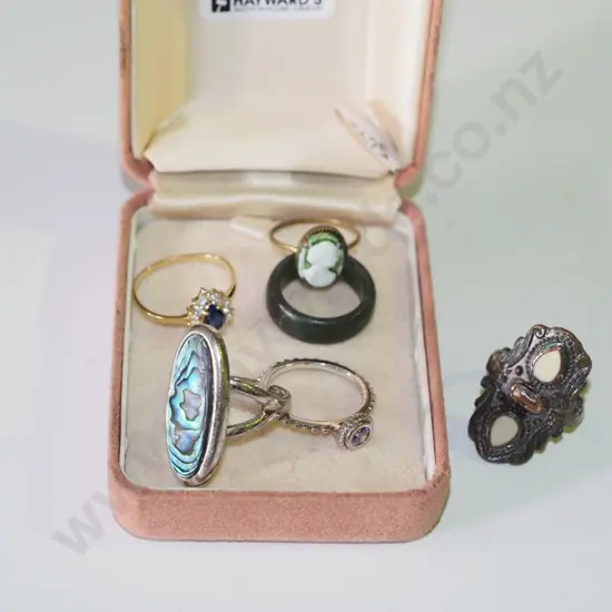6x rings; 2x sterling silver, copper, pounamu, paua, faux cameo