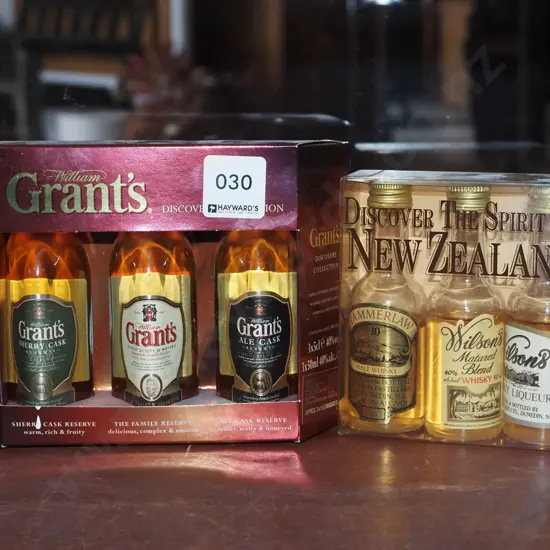 2x spirit miniature whisky sets; Grants, Wilsons