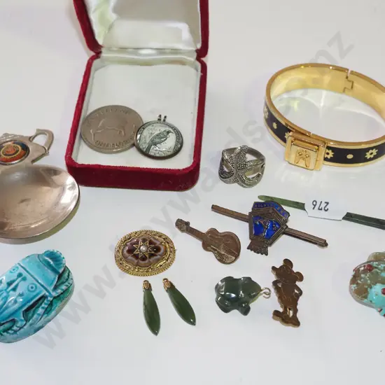 tray; coins, bracelet, teaspoons etc