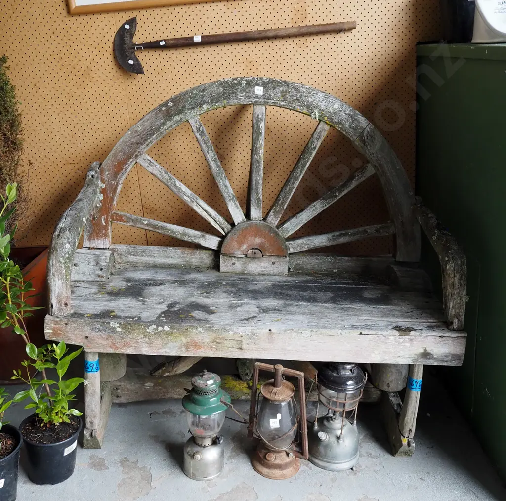 rustic wagon wheel themed bench seat H990 W1200 D800 Image 1++