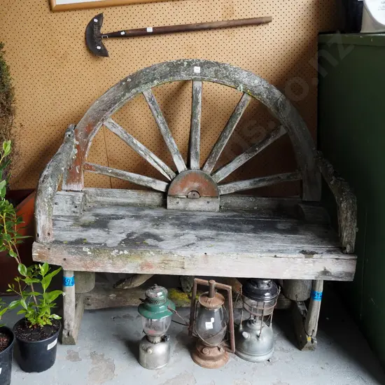 rustic wagon wheel themed bench seat H990 W1200 D800