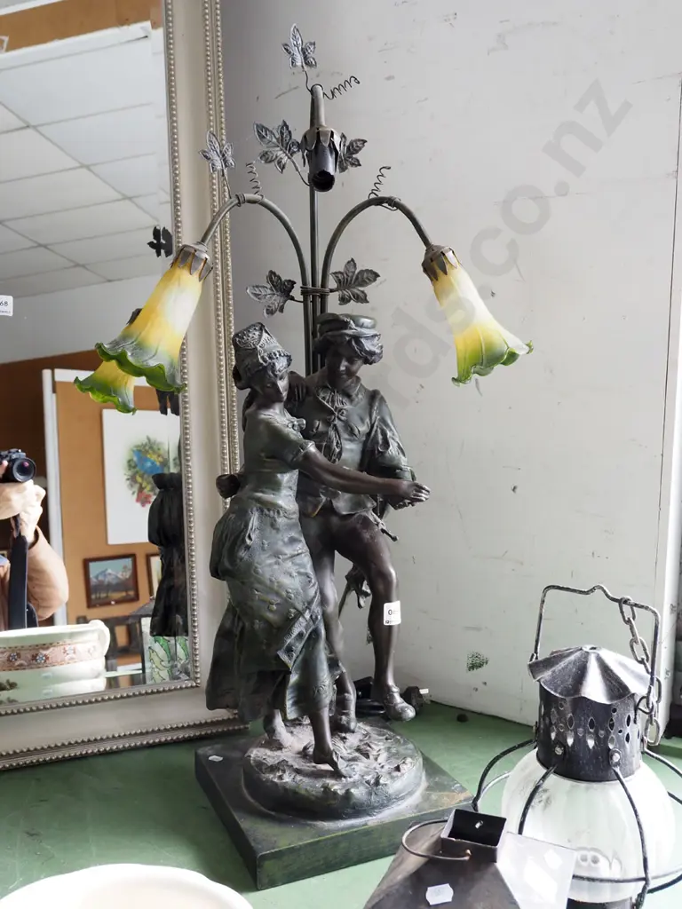 figural composite based table lamp - missing 1 glass shade, loose in base - wiring needs attention H830 Image 1++