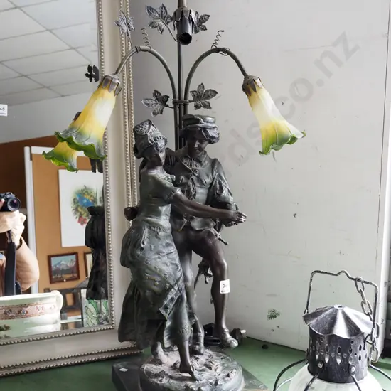 figural composite based table lamp - missing 1 glass shade, loose in base - wiring needs attention H830