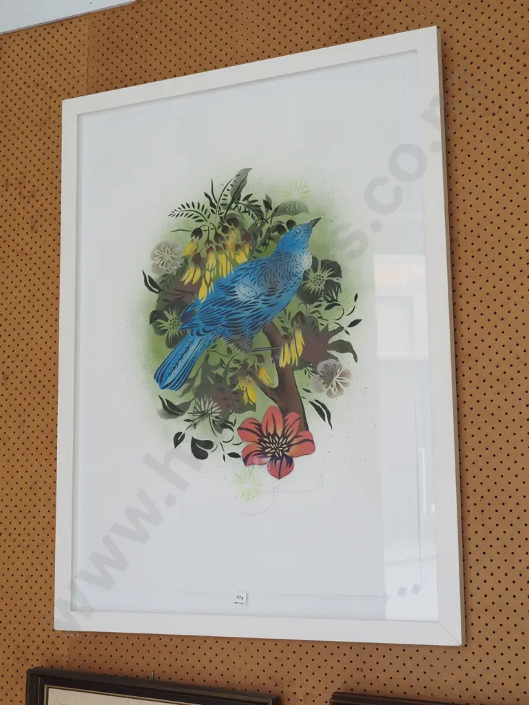 framed airbrush on paper - tui in kowhai tree H1160 W860 Image 1++