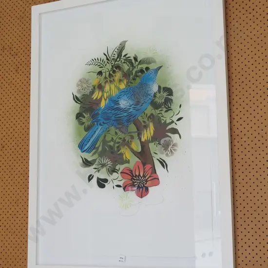 framed airbrush on paper - tui in kowhai tree H1160 W860