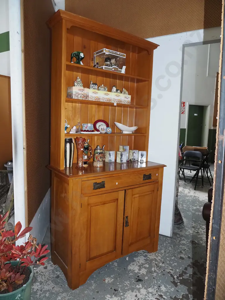 solid rimu Welsh dresser with shelves above 1 drawer and 2 doors, pressed metal art nouveau handles Image 1++