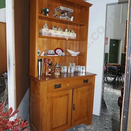 solid rimu Welsh dresser with shelves above 1 drawer and 2 doors, pressed metal art nouveau handles