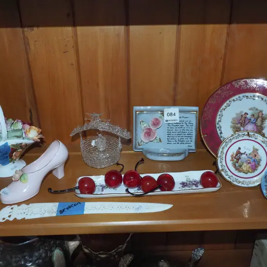 Limoges plates, glass cherries, ceramic shoe etc