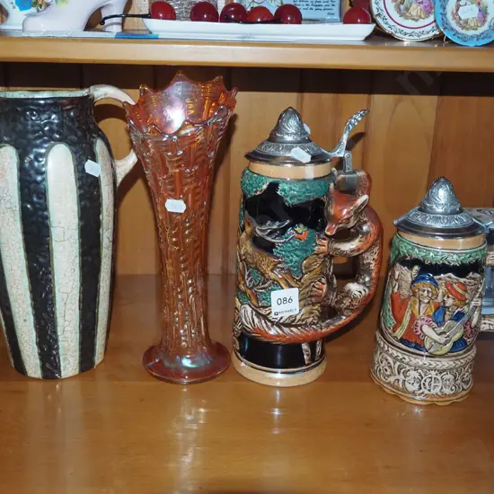 ceramic vase, amber glass vase, 2x musical lidded beer stein Vase H260