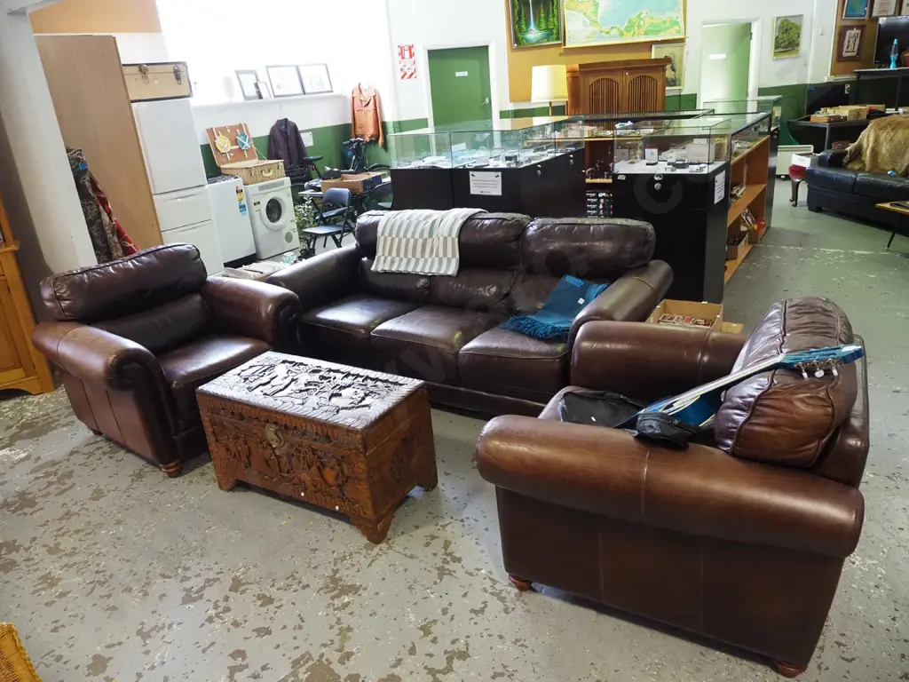 brown leather rolled arm 3 piece lounge suite - 3 seater, 2x singles - some natural wear and tear Image 1++