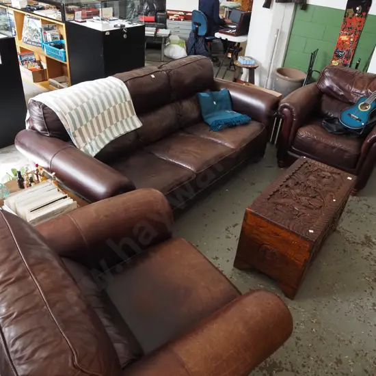 brown leather rolled arm 3 piece lounge suite - 3 seater, 2x singles - some natural wear and tear