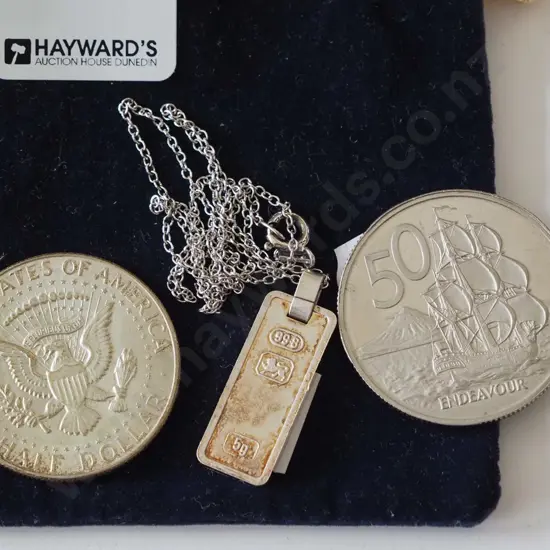 1969 silver American dollar, 1978 50c piece & sterling silver bar & chain 