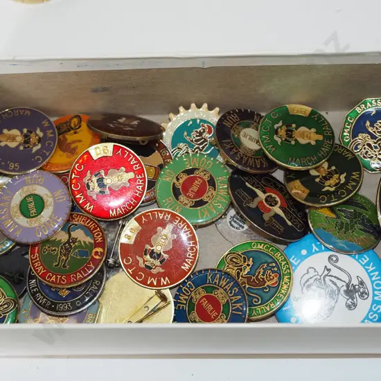 box; various rally badges