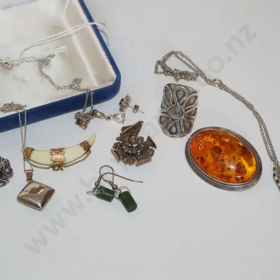 tray; rings, necklaces, pendants, amber brooch - some sterling silver 