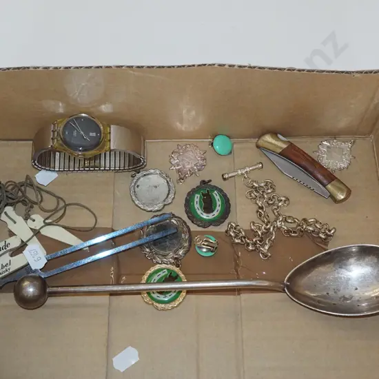 box; pocket knife, wristwatch, fob chain etc