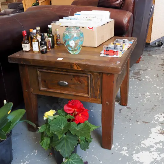 solid pine end table with pull through drawer