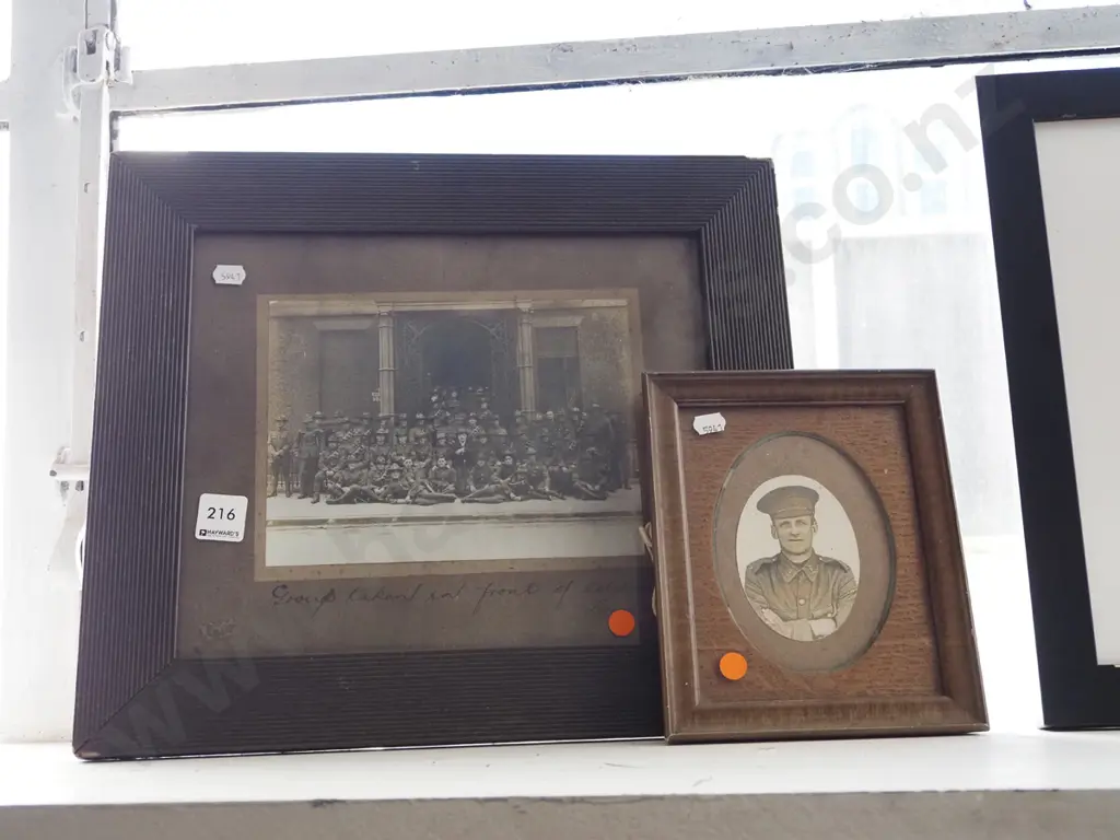 2x WWI military photographs - soldier, group  in front of Soldier's Club London - orange dots Image 1++