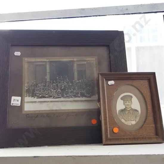 2x WWI military photographs - soldier, group  in front of Soldier's Club London - orange dots