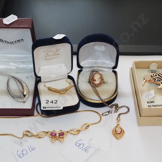 kiwi brooch, cameo ring, dimante bracelet etc