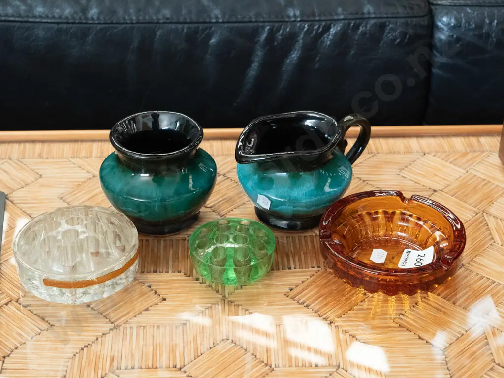 2x glass flower frogs, amber glass ashtray, Blue Mountain creamer and sugar Image 1++