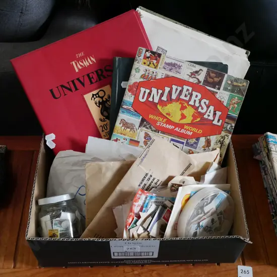 box; stamp albums, loose stamps, envelope stock etc