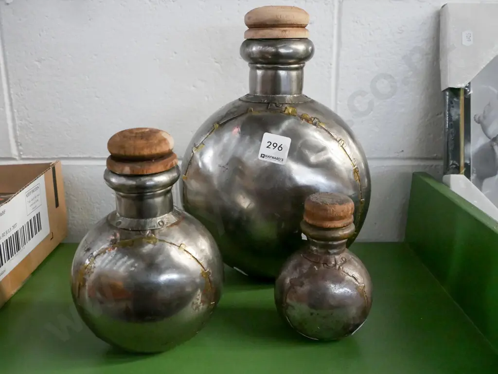 3x beaten metal and welded lidded canisters H280 Image 1++