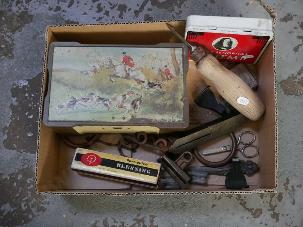 box; tobacco tins, spring scales, harmonica etc Image 1++