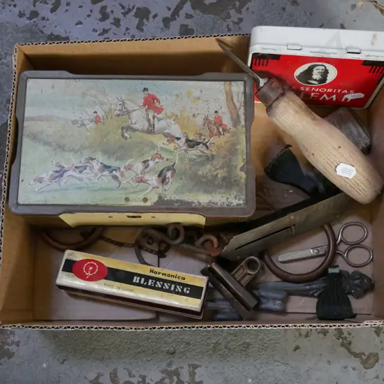 box; tobacco tins, spring scales, harmonica etc