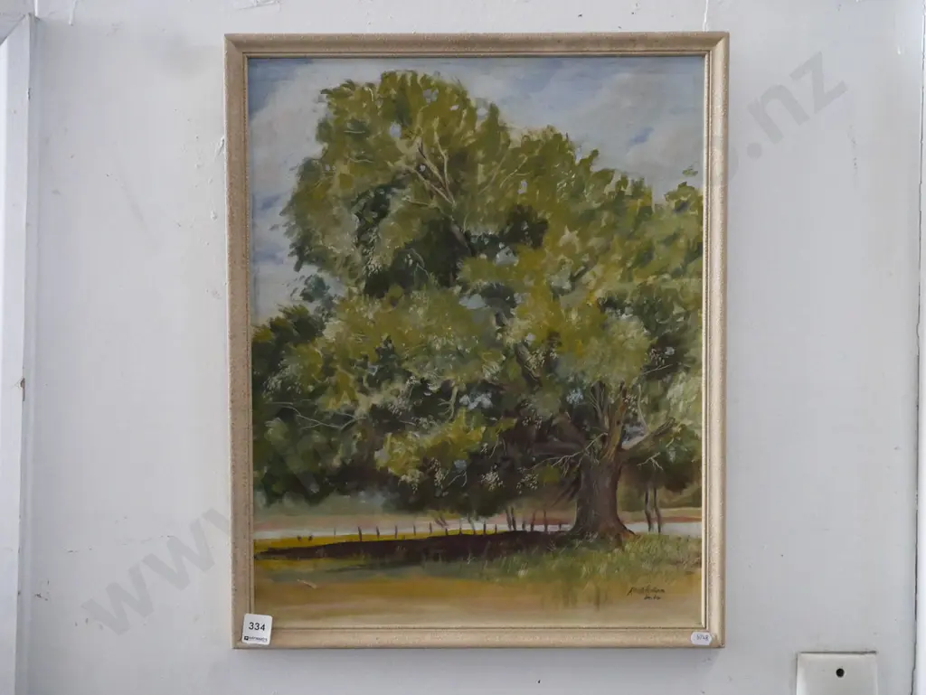 Keith Wilson '64 - framed oil on board - large tree by fence line Image 1++
