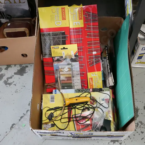 box; train items - railway tracks, patena powder, foam cutter etc