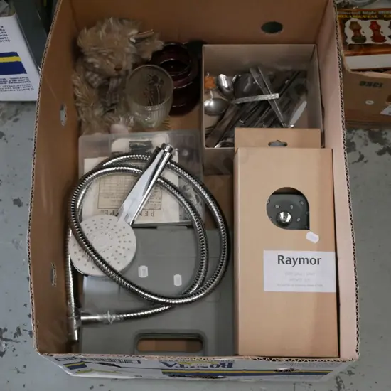 box; shower heads, glue gun, cutlery etc