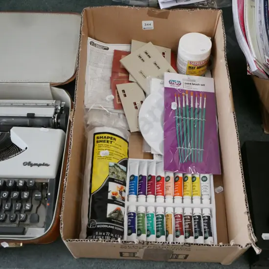 train layout accessories; shaper sheet, paint brushes, buildings etc