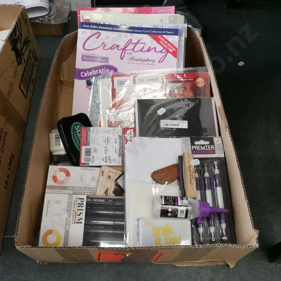 box; crafters supplies, embossing tools, cards, stencils etc