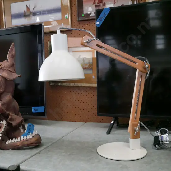 wood and metal anglepoise desk lamp