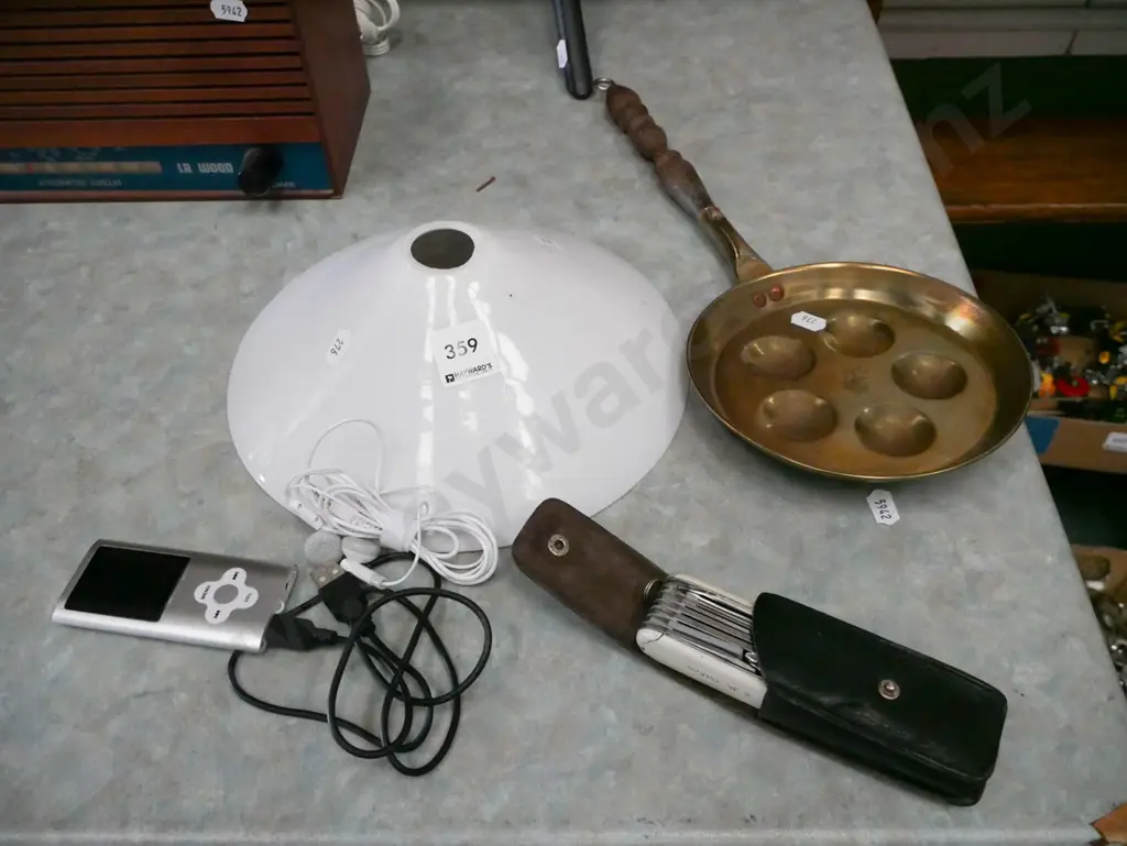 brass frying pan, pocket knife, white glass light shade, small digital music player Image 1++