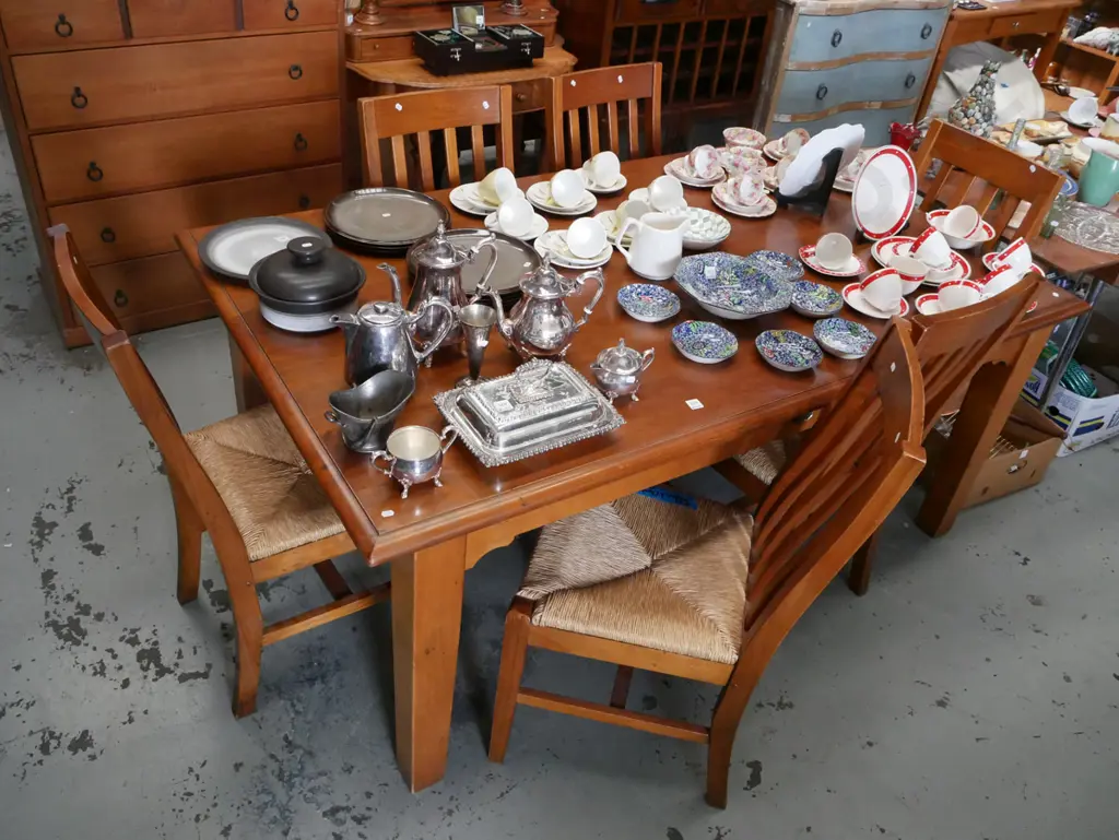 Saxony Collection solid pine dining table with matching seagrass upholstered chairs H760 W1800 D1050 Image 1++