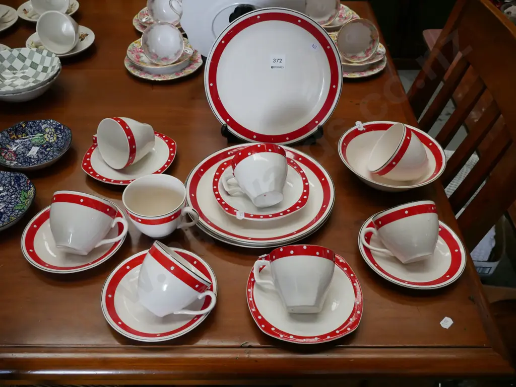 mid century Meakin red and white polka dot dinner items; cups, saucers, plates etc Image 1++