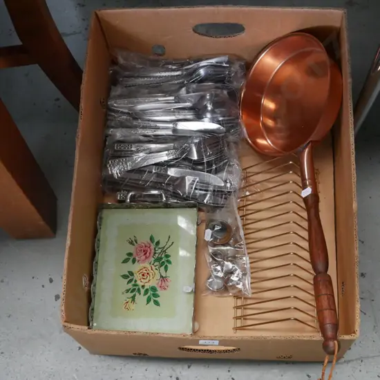 box; record rack, copper pan, cutlery etc