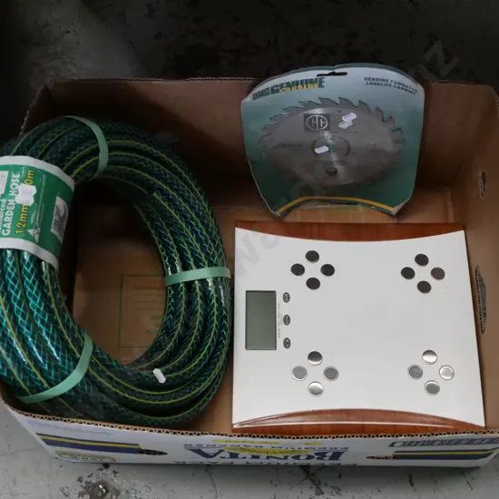 box; bathroom scales, circular saw blade, as new garden hose
