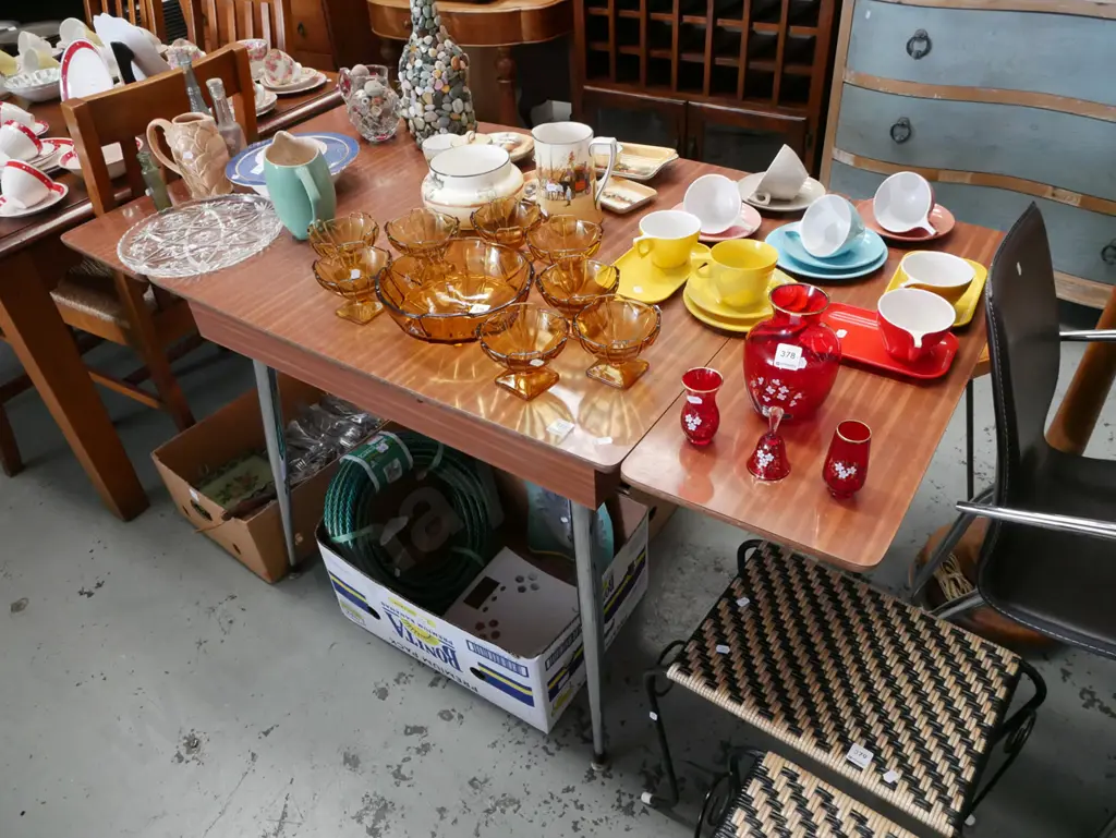 mid century chrome leg and faux wood formica top extending table H760 W1470 D745 Image 1++