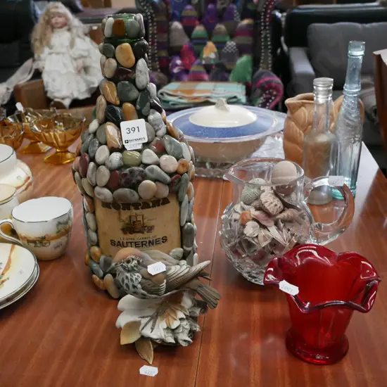 ruby glass vase, bird figurine, stone decorated bottle, crystal jug of seashells